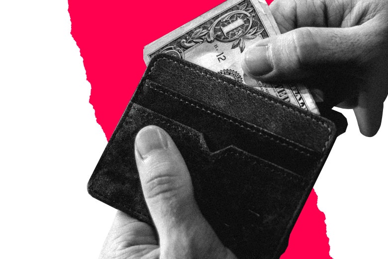 A hand pulls one dollar out of an otherwise empty wallet.